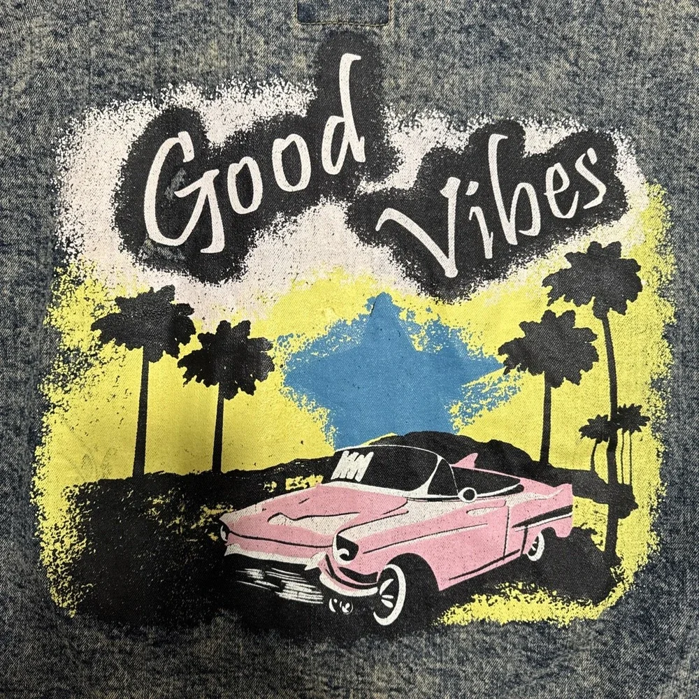 Louise Paris Mens Denim Vest Sz 3X Good Vibes Print On Back